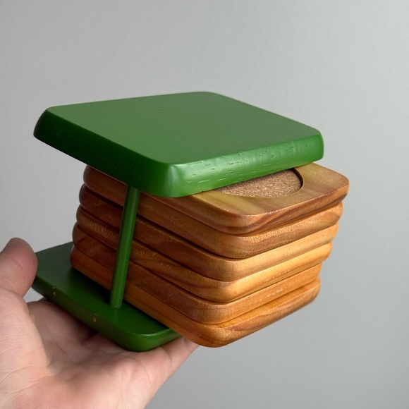 Drink Coasters Vintage Cork Set of 6 w/ Green Holder - Picture 16 of 16